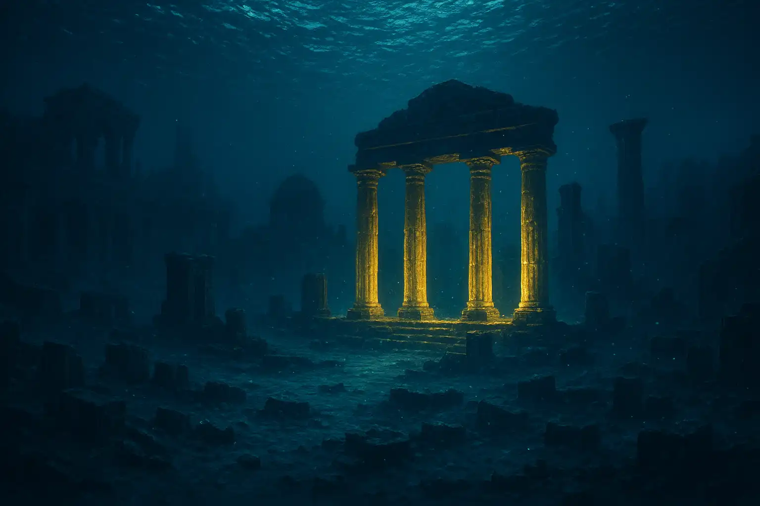 An ancient sunken city with glowing gold pillars beneath the ocean surface