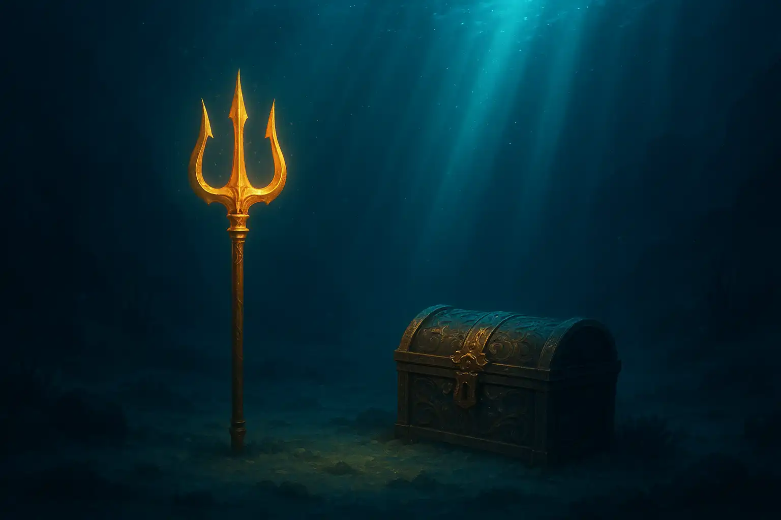 A golden trident and treasure chest glowing beneath turquoise water
